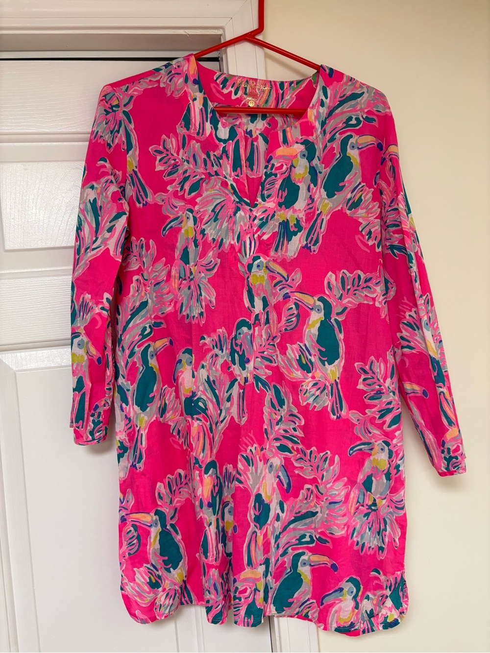 Lilly Pulitzer Hot Pink Tropical Parrot Long Sleeve Dress